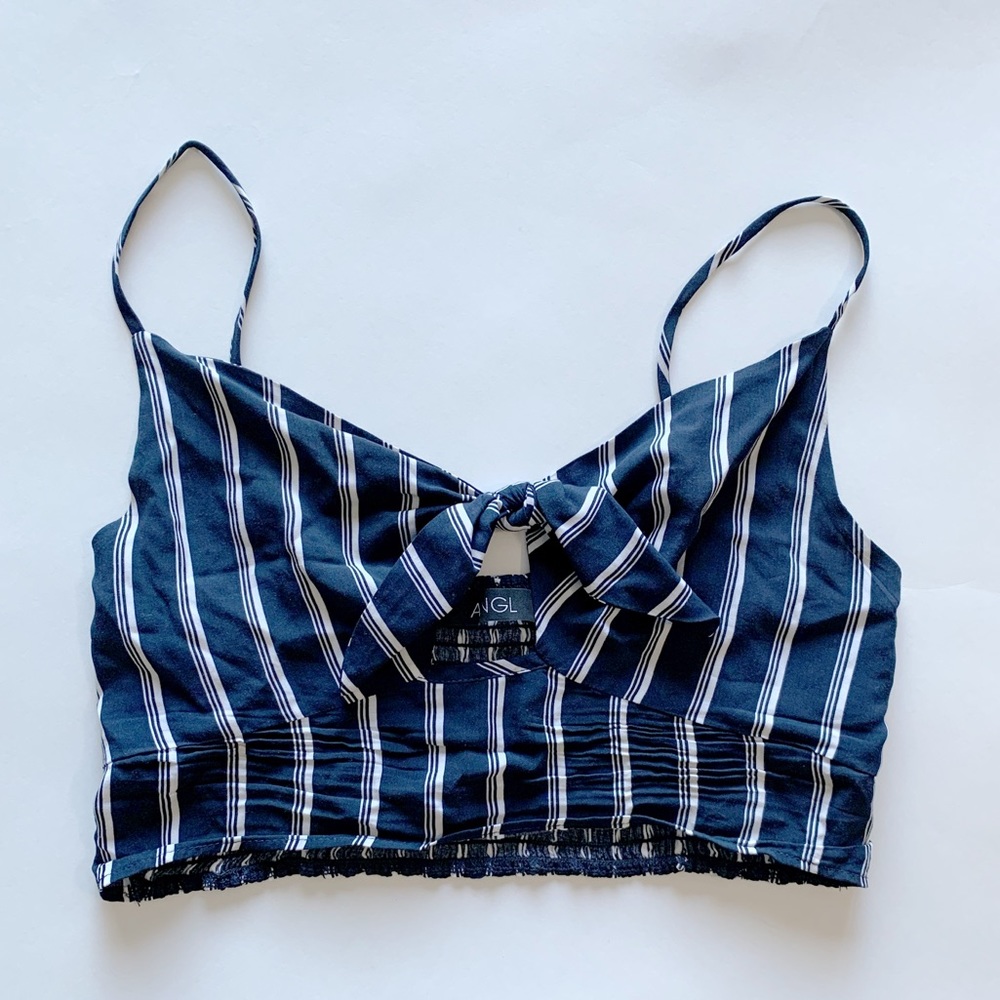 Navy Blue and White Striped Bow and Keyhole Spaghetti Strap Crop Top ANGL, SZ L